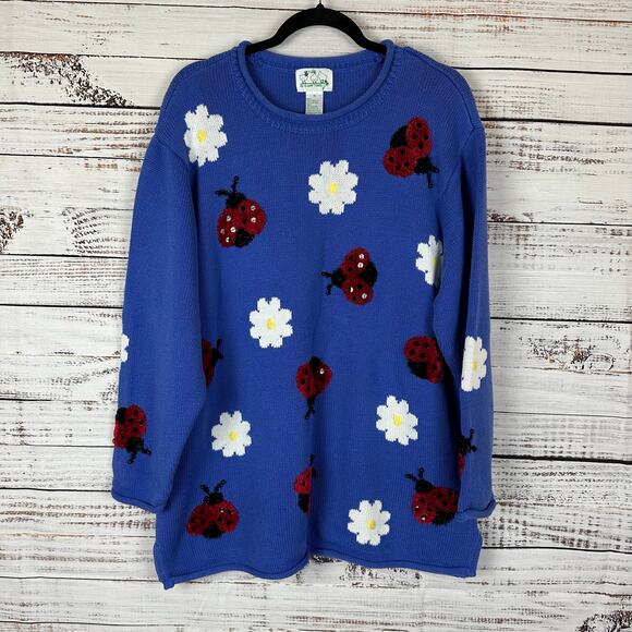 Women's VTG 3D Knit Quaker Factory Blue Lady Bug Daisy Grandma Sweater Size 1X - Picture 1 of 7